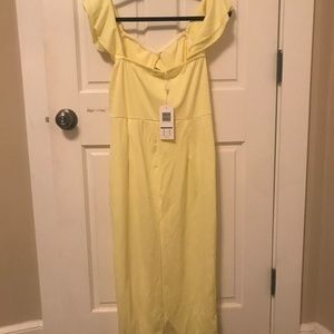 Off the shoulder, yellow ruffle midi dress